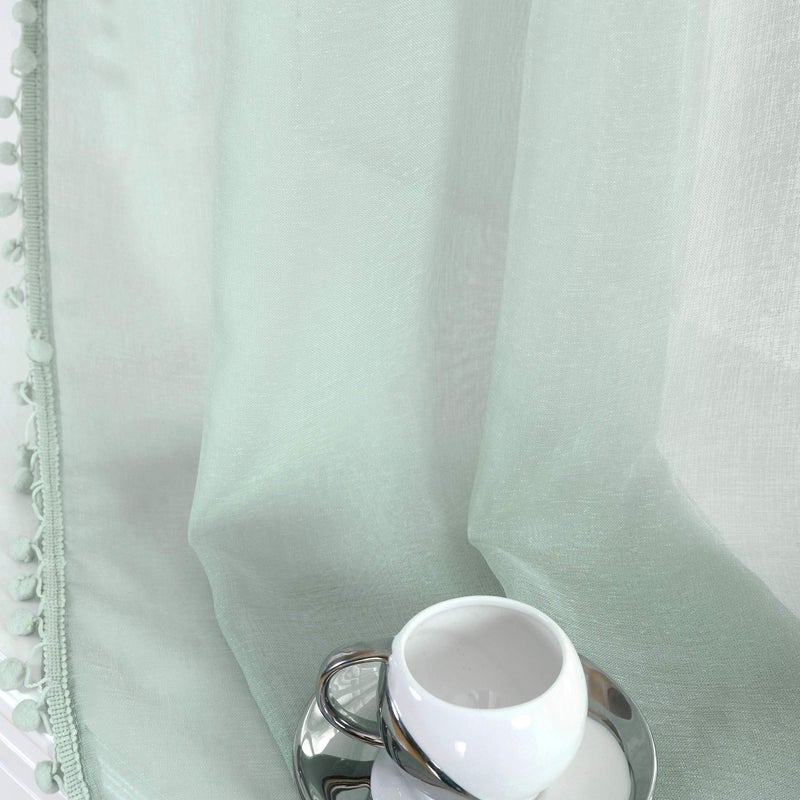 MISS SELECTEX Linen Look Pom Pom Tasseled Sheer Curtains - Rod Pocket Voile Semi-Sheer Curtains for Living and Bedroom, Set of 2 Curtain Panels (52 x 72 inch, Aqua) - Image 5